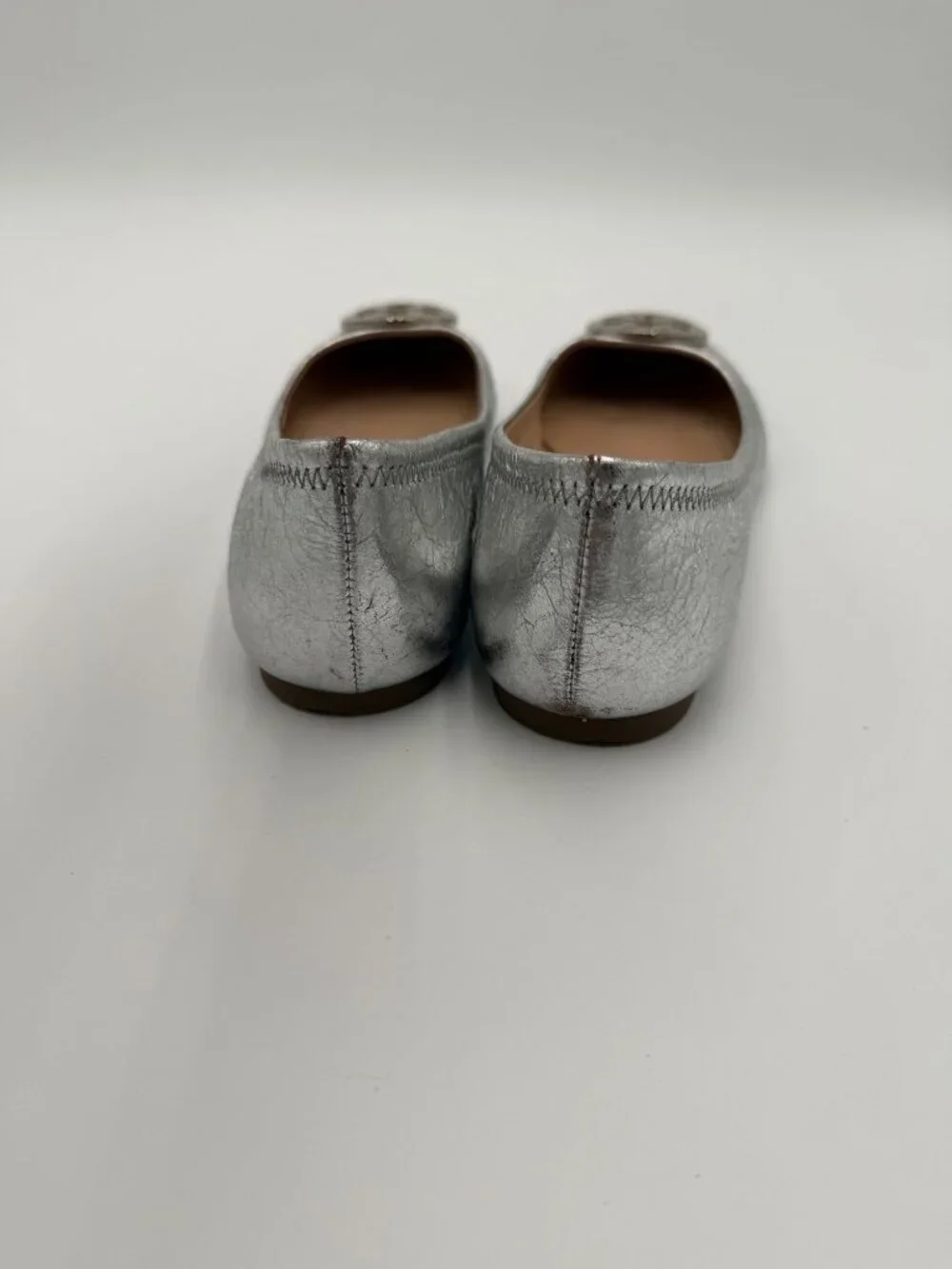Tory Burch Silver Metallic Leather Minnie Ballet Flats Sz 8  Logo Hardware